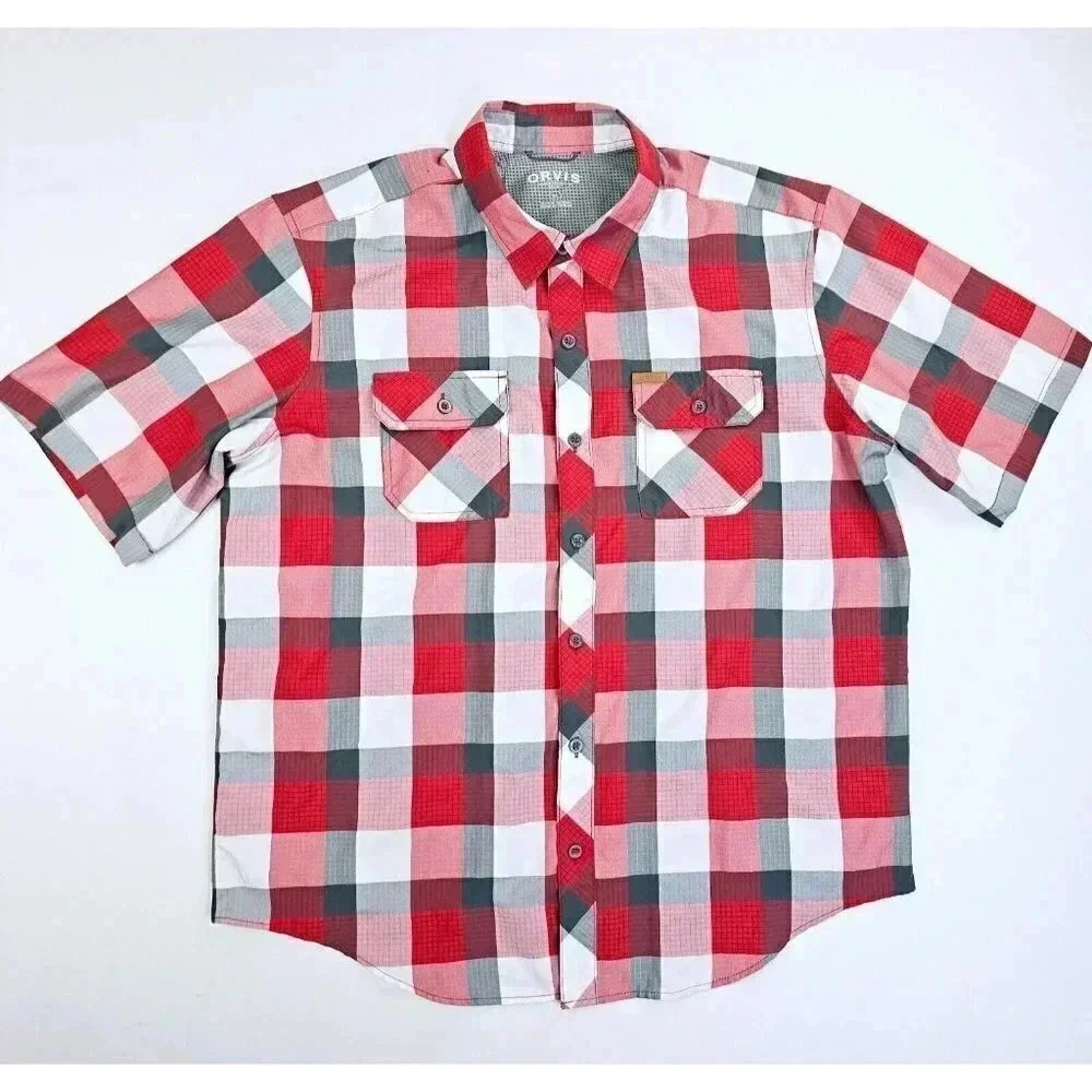 Orvis Size XL Men's Red White Gray Check Pocket Logo Tag Nylon Polyester Shirt